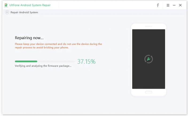 UltFone Android 系統修復大師，正在修復
