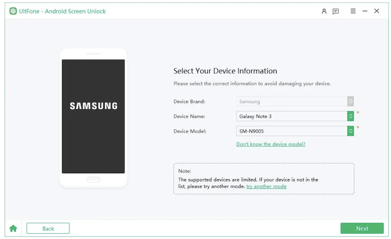 UltFone Android Unlock，選擇要解鎖的手機型號
