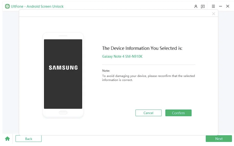 UltFone Android Unlock，選擇設備型號