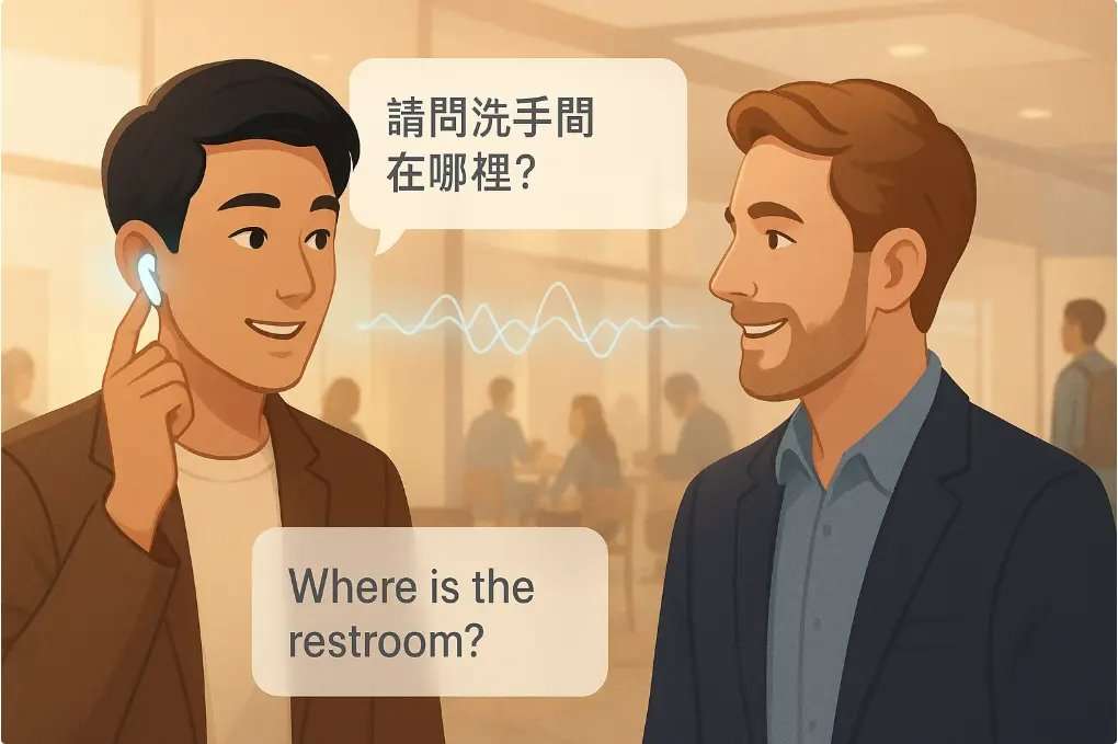 一位使用者佩戴AirPods Pro進行即時翻譯對話,展現跨文化溝通場景