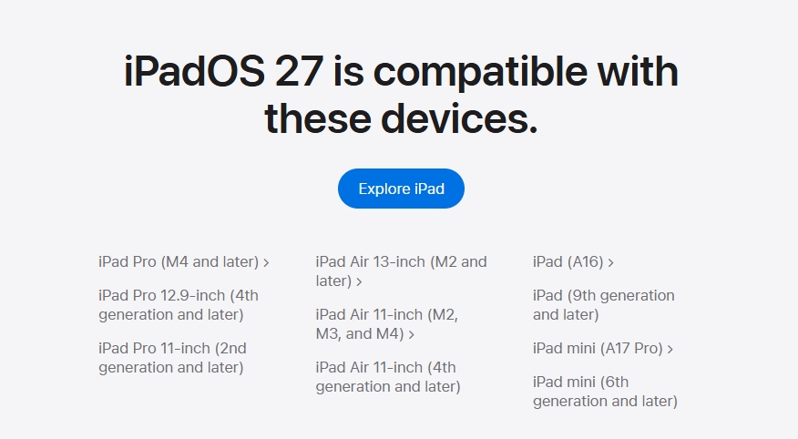 iPadOS 27 支援機型