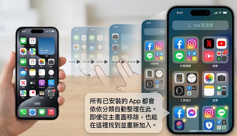 iPhone 桌面 App 不見查看 App 資源庫