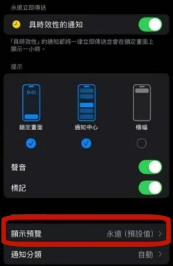 iPhone 通知設定顯示預覽