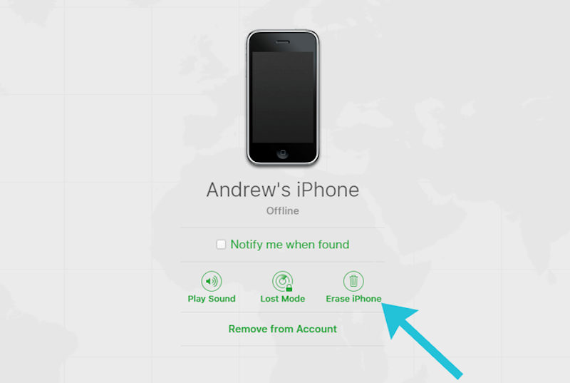 iCloud 尋找我的 iPhone 遠端清除介面