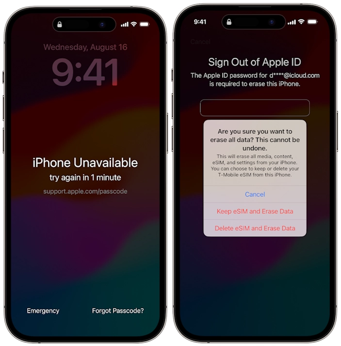 運行 iOS 17 的 iPhone 進入「安全性鎖定」模式，右下角清晰可見「清除 iPhone」的按鈕。